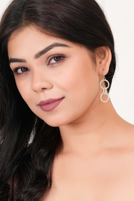 Women's Silver Circle Long Three Rhinestone Unique Western Earrings for Women Party Wear