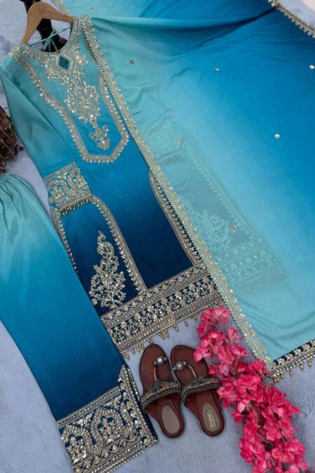 Women's Chinon Silk Embroidery Straight Pakistani Salwar Suit and Dupatta