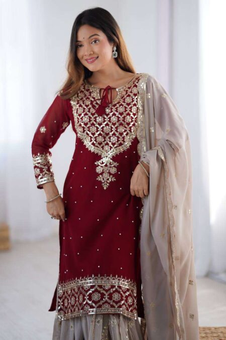 Women's Faux Georgette Sequins Embroidered Straight Kurta With Sharara Suit and Dupatta Set